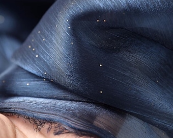 Tela de organza azul aristocrática, telas de organza de malla con cielo estrellado, organza con ondas estampadas en caliente, tela de costura de textura suave, telas para bodas