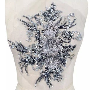Gray Beaded Embroidered Appliques, Big Size Floral Applique Patch, Sequin Rhinestone Beading Appliques, Dress DIY Patches, Wedding Appliques