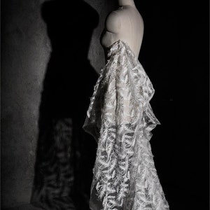 White Feather 3D Embroidery Fabric, See-through Embroidery Fabric, 3D Creative Lace Fabric, Sheer Mesh Tulle Fabric, Wedding Wedding Fabrics