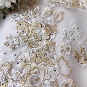 Champagne Floral Embroidery Appliques, Embellishment Beaded Flower Patch, Dress DIY Patches Applique, Wedding Supplies, Patch for Garment