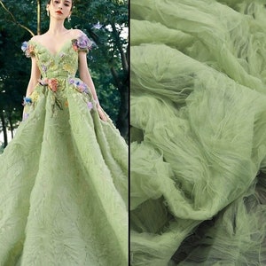 Green Embroidered Wedding Fabrics, Irregular Pleated Fabrics, 3D Wave Textured Sewing Fabrics, Bridal Wedding Fabrics, Designer Fabrics