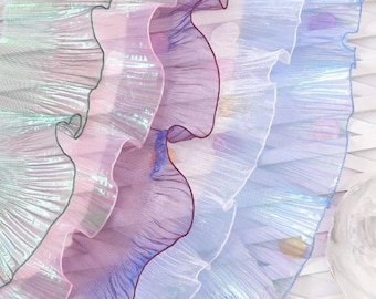 Illusion Mermaid Pleated Organza, Ruffle Laser Multicolor Designer Fabric, Fashion Accordion Fabric, Wave Lace Fabric, For Wedding Gown, DIY