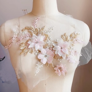 Roze Macaron appliques, Floral 3D applique patch, geborduurde strass appliques, bloemenjurk applique kant, bruids bruiloft appliques