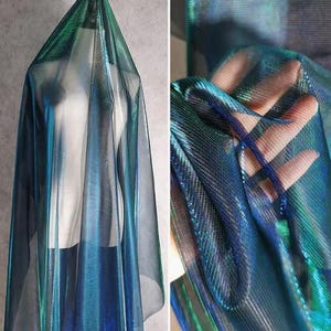 Soft Draping Gradient Laser Iridescent Fabric, Hollow-Out Tulle Fabric, Textured Lace Evening Gown Fabric, Color-Changing Designer Fabric