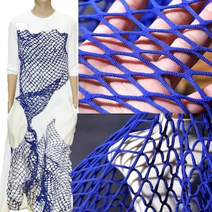 May include: Blue mesh fabric with a diamond pattern. The fabric is stretchy and has a soft texture.