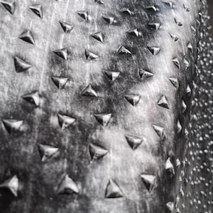 May include: Close-up of a textured, metallic surface with a pattern of raised, triangular studs. The surface appears to be a dark gray color with a slightly distressed finish, creating a rugged aesthetic. The studs are evenly spaced.
