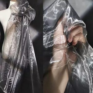 Charcoal Liquid Luminous Organza Fabric, Cicada Wing Sheer Hanfu Robe Textile, Translucent Couture Material, Heavenly Designer Supplies