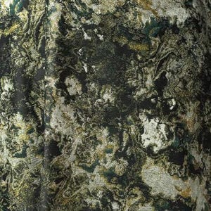 May include: Close-up of a fabric with a marbled design. The fabric features a mix of dark green, gold, and silver colors, creating a textured, abstract pattern. The overall effect is luxurious and visually complex, suitable for apparel or home decor.