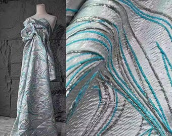 Blauw-witte lijnen jacquardstoffen, 3D-gestructureerde designstoffen, dubbelzijdige glanzende stof, vintage doe-het-zelfstof, modedesignerstoffen