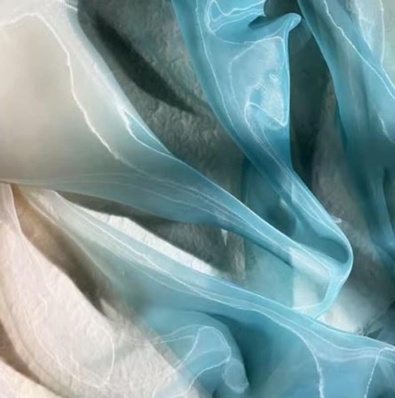 Cerulean-beige Ombre Organza, Soft Sheer Airy Hanfu Robe Fabric, Dense ...