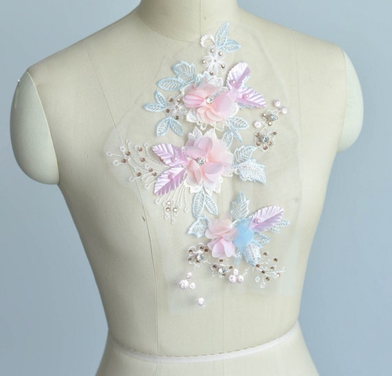 Applique rosa floreale in pizzo, applique strass di perline 3D