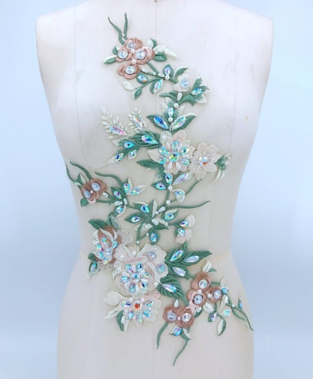 Green Leaves Rhinestones Appliques Floral Beaded Applique Etsy