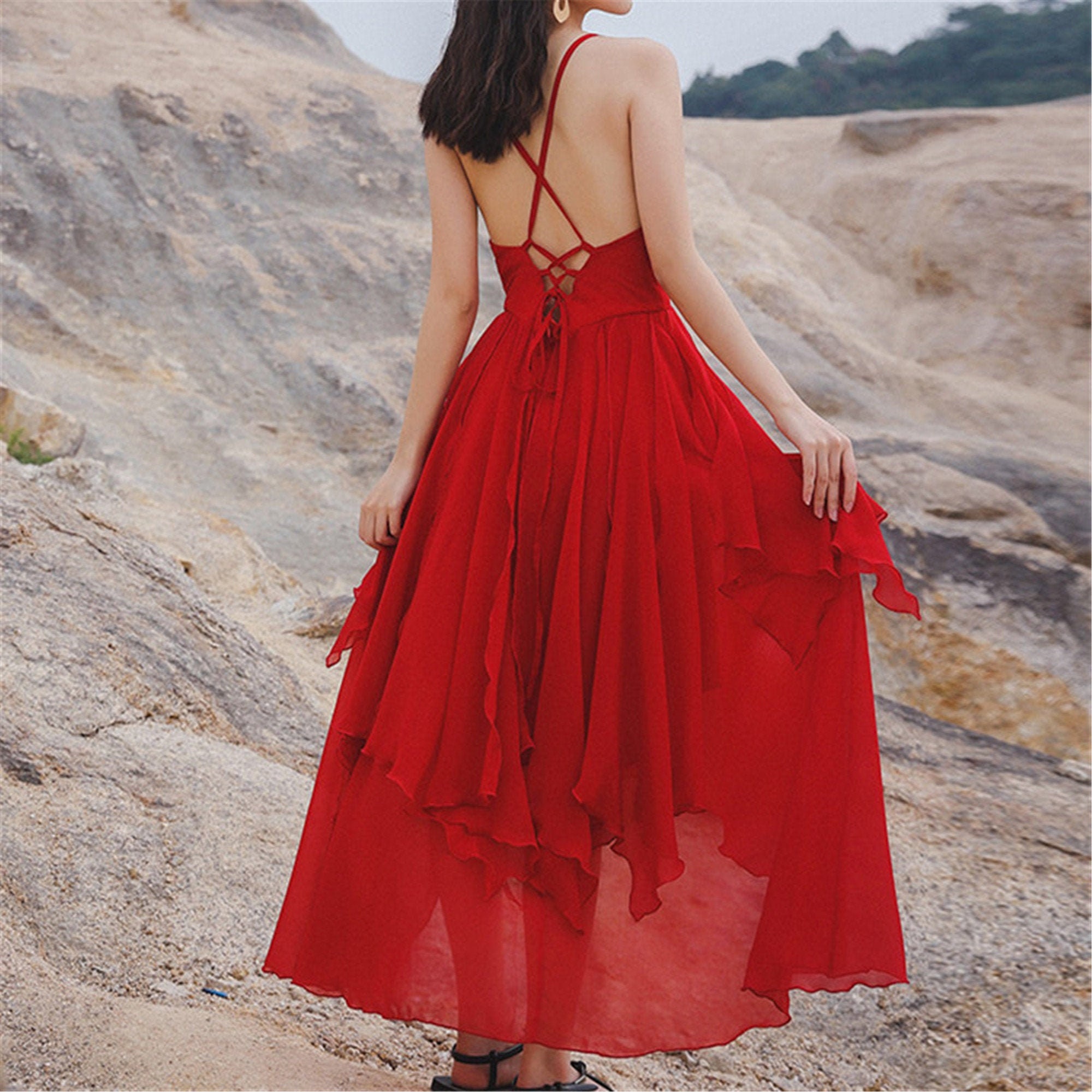 Red Bohemian Maxi Dress Bridesmaid Wedding Dress Women Sexy Etsy