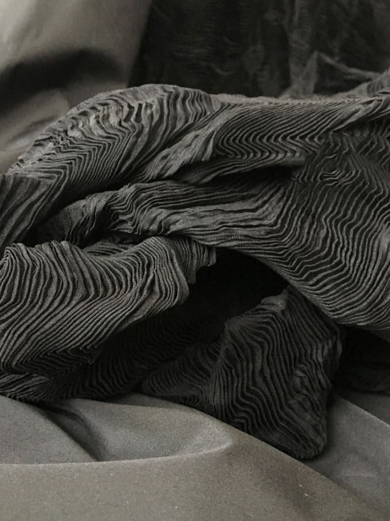 Black Vintage Sheer Pleated Fabric, Pleated Fabric for Evening Dresses