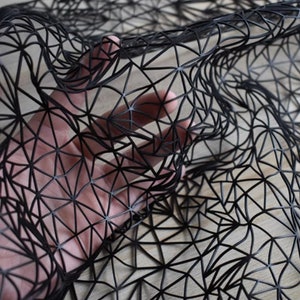 May include: Black geometric mesh fabric with a fine, intricate pattern. The fabric is translucent and has a delicate, almost ethereal quality.