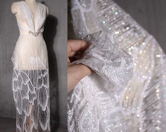 Tela creativa de lentejuelas brillantes, tela horizontal de olas del océano blanco, tela de malla 3D, tela de tul de encaje de malla, telas de boda de moda