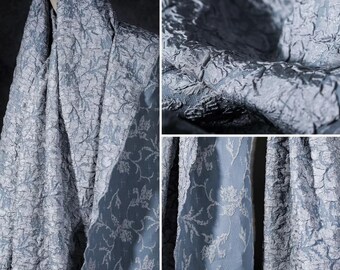 Hazeblauwe gemengde jacquardstof, onregelmatige geplooide plooien, 3D-stoffen met zware structuur, designerstoffen met reliëf, stof 57'' breed