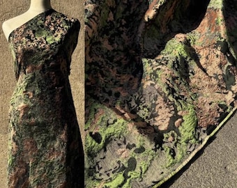Braun-grüner Moos Jacquard Stoff, Vintage Melierte Strukturware, Ink Splash Jacquard Stoff, 150 cm Breite Nähstoff, Designerstoff