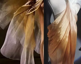 Golden-Brown Pearlescent Organza, Structured Ombre Pleated Textile, Accordion Sculptural Pleating Fabric, Couture Designer Material