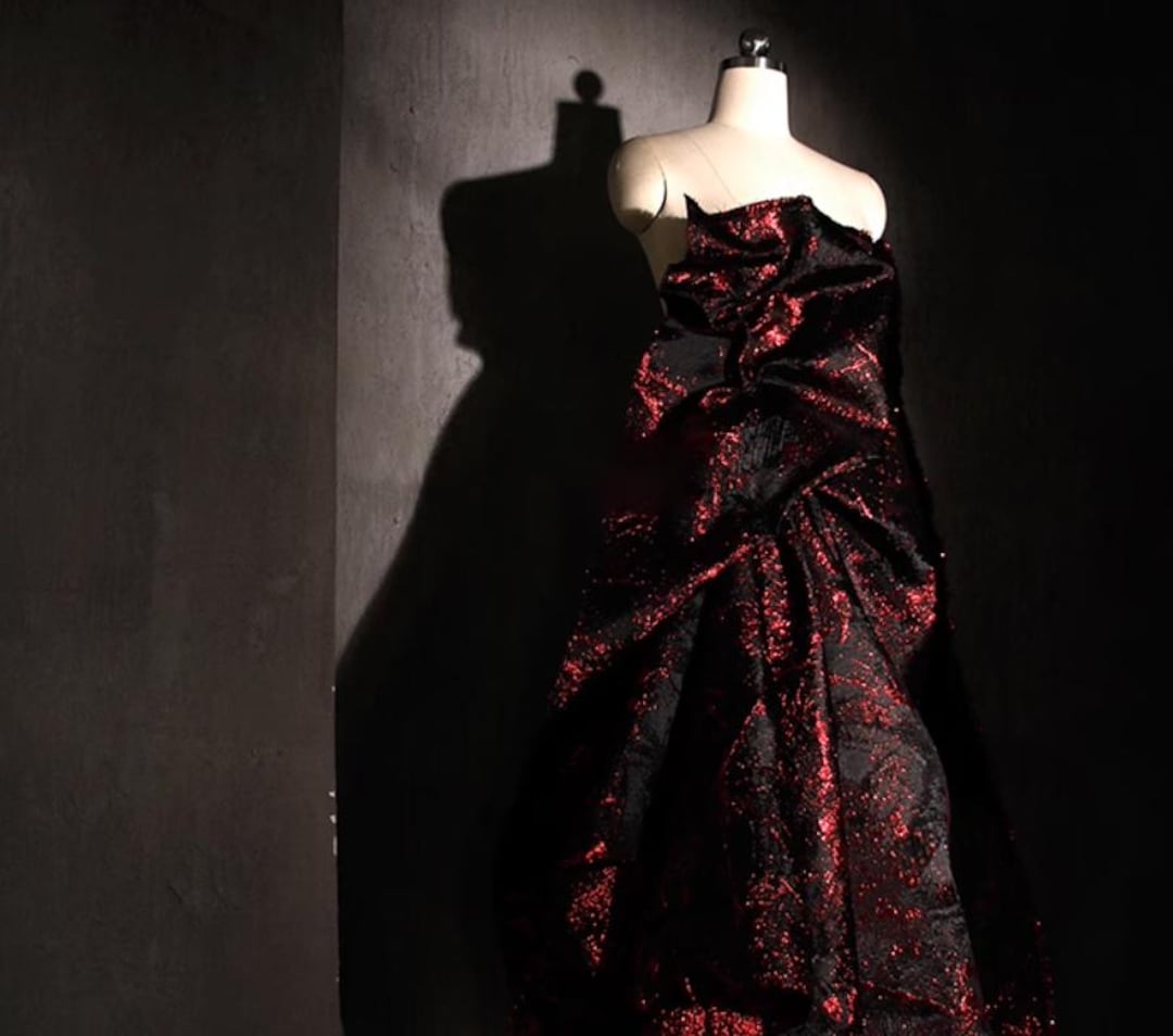 Gothic Black Red Textured Fabric, Vintage