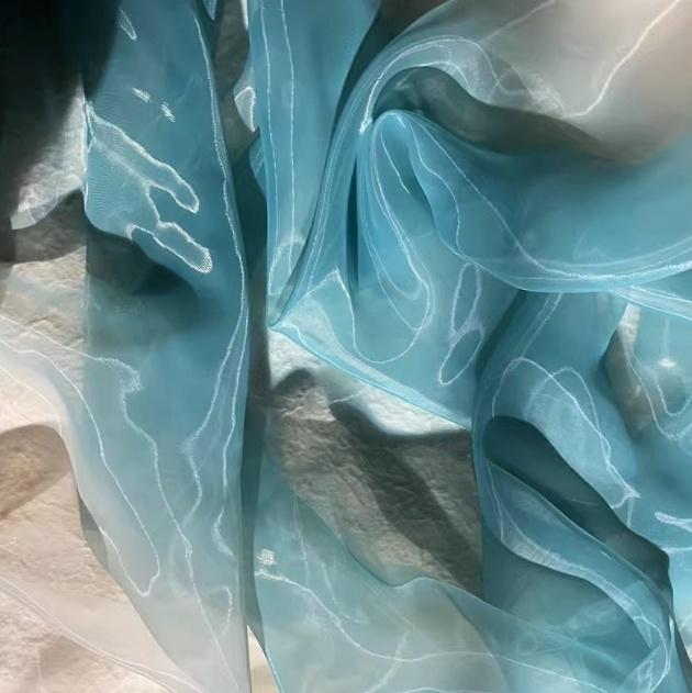 Cerulean-beige Ombre Organza, Soft Sheer Airy Hanfu Robe Fabric, Dense ...