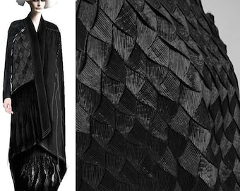 Black Folded Leather Textured Fabric, Distressed 3D Fish Scale Fabric, Thick PU Leather Fabric, Designer Fabrics for Theatre Walks