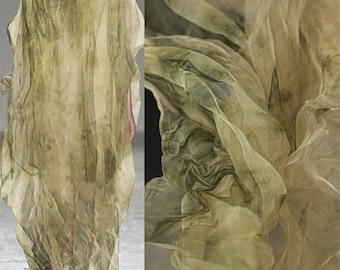 Moss Green Pleated Organza Fabric, Vintage Tie-Dye Pleated Fabric, Renaissance Irregular Pleated Organza, 55.11'' Wide Evening Gown Fabric