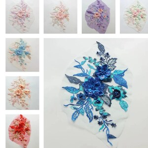 May include: A collection of floral embroidery patches featuring intricate needlework, sequins, and beads in various color palettes including blue, pink, red, and peach. Each patch displays a unique arrangement of leaves and blossoms on mesh fabric.