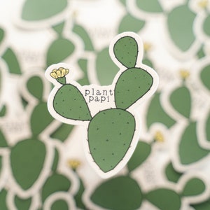 May include: A green cactus sticker with the words "plant papi" in black. The cactus has a yellow flower and is surrounded by other similar stickers. The sticker is a fun and decorative item.