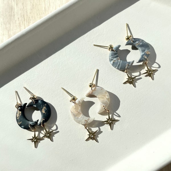 The Lunitas | moon and stars | brass dangles | Polymer Clay Earrings Handmade