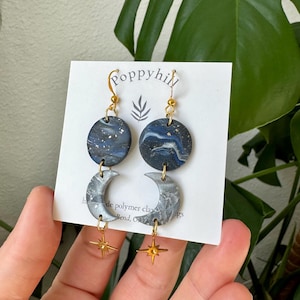 The Galaxy trio | navy planet and moon | marble Quartz | Polymer Clay Earrings Handmade