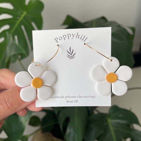 The Daisies | Daisy flower | Gold hoops | Handmade polymer clay earrings