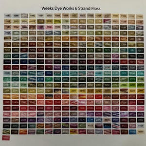 May include: A color chart of Weeks Dye Works 6 Strand Floss, featuring a wide array of thread colors and numbers. The chart displays various shades, including greens, blues, reds, and yellows, for embroidery and cross-stitch projects.