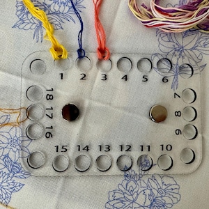 Puede incluir: Un sujetador de agujas de acrílico transparente con agujeros numerados y dos imanes, utilizado para punto de cruz o bordado. También se ven hilos de colores y unas tijeras de grúa, con un fondo de tela estampada floral.
