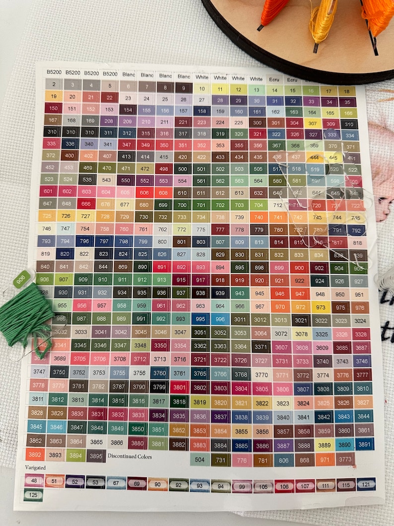 May include: A colour chart for embroidery floss with a variety of colours, including white, ecru, and green. The chart is labelled with numbers and colour names, such as "Blanc" and "Ecru".