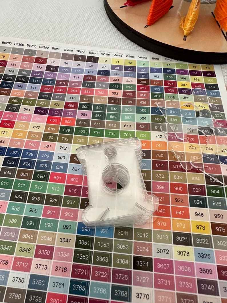 May include: A clear plastic thread bobbin holder with a rectangular shape and two circular openings. The holder is sitting on a colourful chart with numbers and text.