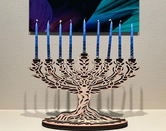 Hanoukka, Hanoukka, Menorah, menorah personnalisée, Arbre de Vie, Judaica, Hébreu, Cadeau pour mariages, anniversaires, bar, cadeau bat mitzvah