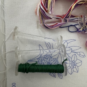 Może przedstawiać: Zbliżenie na materiały do haftowania. Na zdjęciu widoczne są szpulki kolorowej nici do haftu w odcieniach czerwieni, fioletu, żółci i zieleni. Przezroczyste plastikowe szpulki trzymają nić. Tkanina ma kwiatowy wzór i wydrukowany numer "004-085".