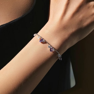 Purple amethyst and diamond dangle chain bracelet in sterling silver | February birthstone bracelet