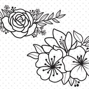Pu&ograve; includere: Due disegni in bianco e nero di bouquet di fiori. Il primo bouquet presenta una singola rosa con foglie e piccoli fiori. Il secondo bouquet presenta un gruppo di fiori con foglie.