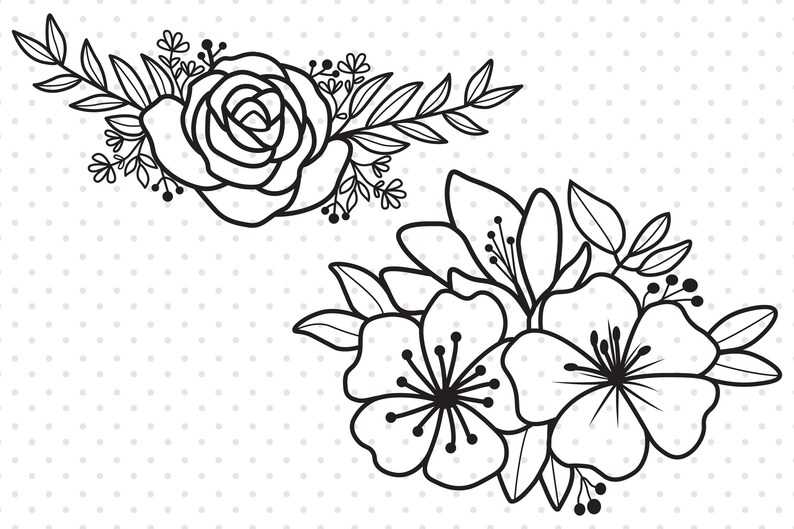 Pu&ograve; includere: Due disegni in bianco e nero di bouquet di fiori. Il primo bouquet presenta una singola rosa con foglie e piccoli fiori. Il secondo bouquet presenta un gruppo di fiori con foglie.