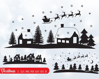Pueblo navideño svg, escena navideña svg, Navidad svg, Papá Noel volando svg, Papá Noel navideño, archivo cricut svg, archivos de corte, paquete navideño