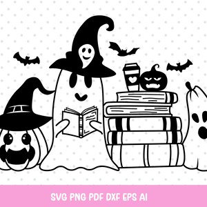 Halloween Svg, Ghost Svg, Ghost Book Svg, Cute Ghost Reading Book Svg, Halloween Teacher Svg, Book Lover Svg, Funny Halloween Svg.