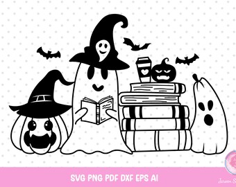 Halloween Svg, Ghost Svg, Ghost Book Svg, Cute Ghost Reading Book Svg, Halloween Teacher Svg, Book Lover Svg, Funny Halloween Svg.