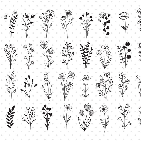 Wildflower svg, Flower svg bundle, Flower Svg hand drawn, Flowers, Leafs, Flower batanical svg clipart, Flower svg cut files, Svg, Png, Eps.