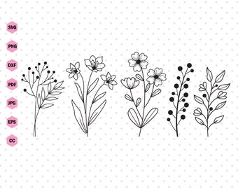 Wildflower svg, Flower svg, Fleurs dessinées à la main et feuille, Clipart fleur, Fleurs svg coupé fichiers, Fleurs svg mouches pour cricut et silhouette.
