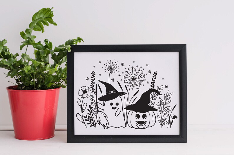 May include: Black and white printable art print featuring a ghost and a pumpkin wearing witch hats in a field of flowers.