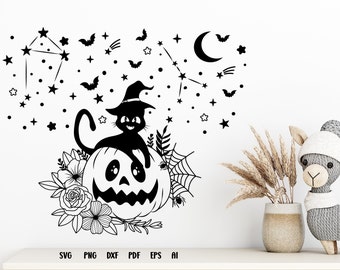 Svg Halloween, Svg Halloween chat noir, Svg Halloween citrouille, Svg Halloween fantôme, Svg Halloween silhouette, citrouille, fantôme, Svg fleur, png.