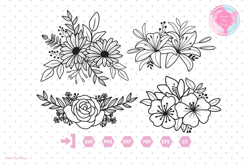 Pu&ograve; includere: Quattro bouquet floreali in bianco e nero in linea d'arte. I bouquet presentano una variet&agrave; di fiori, tra cui gigli, rose e margherite. I bouquet sono perfetti per l'uso in progetti di artigianato, scrapbooking o design digitale.