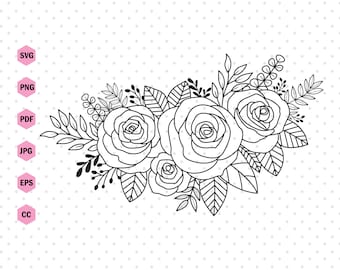 SVG floral, Bouquet floral svg, Flor svg, Flor casamento svg, Flor desenhada à mão svg, Rosa SVG, Arquivos de corte flor svg, Imprimir, Svg, Png.